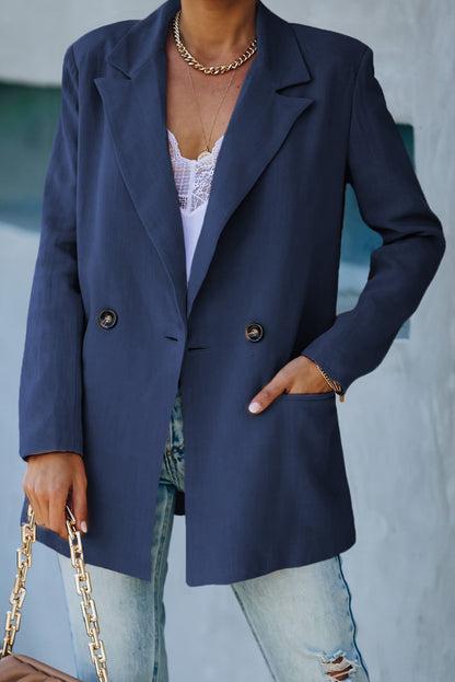 Double Take Double-Breasted Padded Shoulder Blazer with Pockets