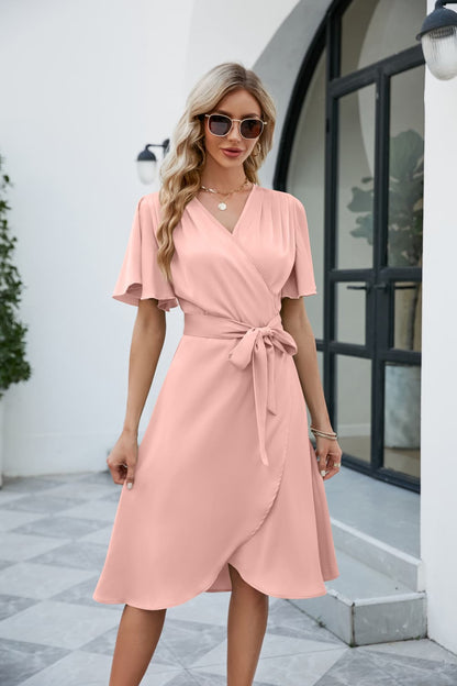 Tie Waist Flutter Sleeve Surplice Dress