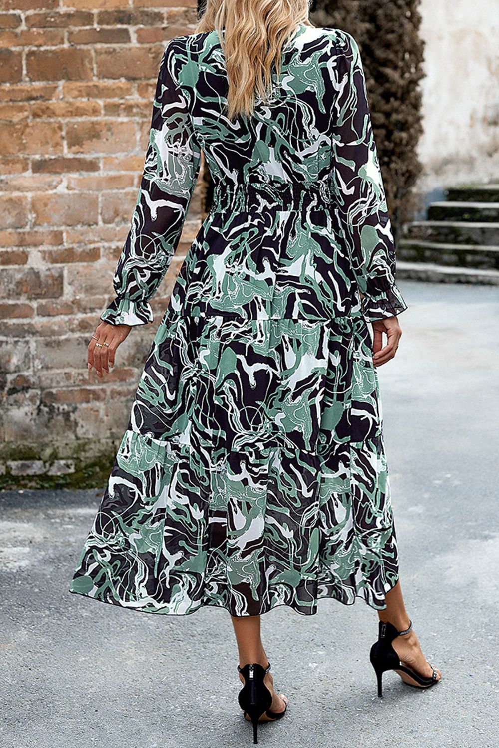 Printed Surplice Neck Flounce Sleeve Midi Dress