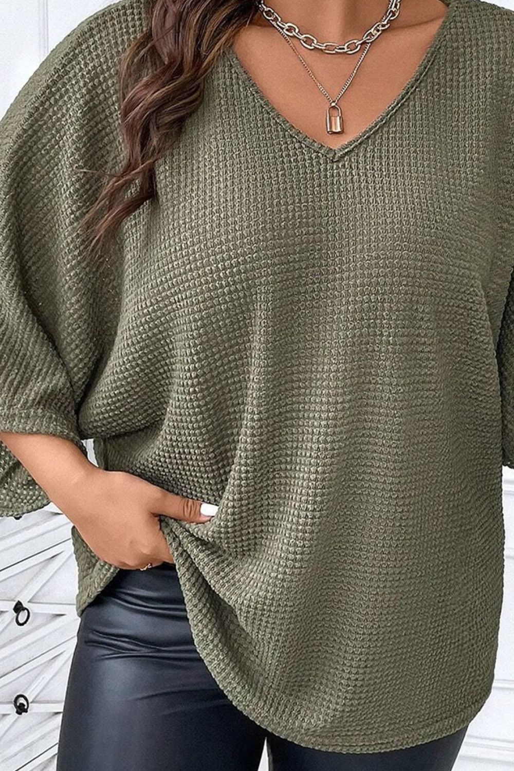 Plus Size Waffle-Knit V-Neck Blouse