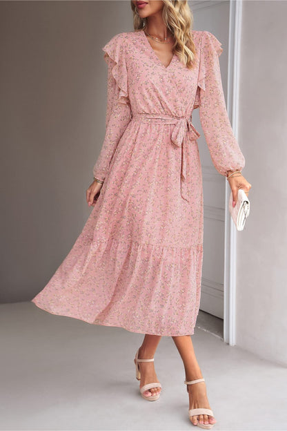 Surplice Neck Balloon Sleeve Midi Dress