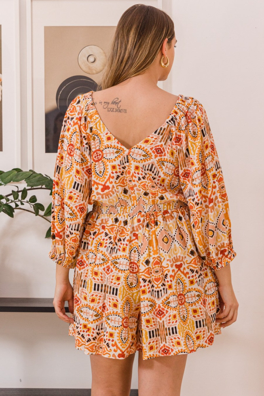 Limited Offer 25% Off at Checkout  Printed Ruff Sleeve Romper with Pockets S to 3XL