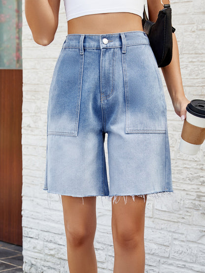 Buttoned Raw Hem Denim Shorts with Pockets