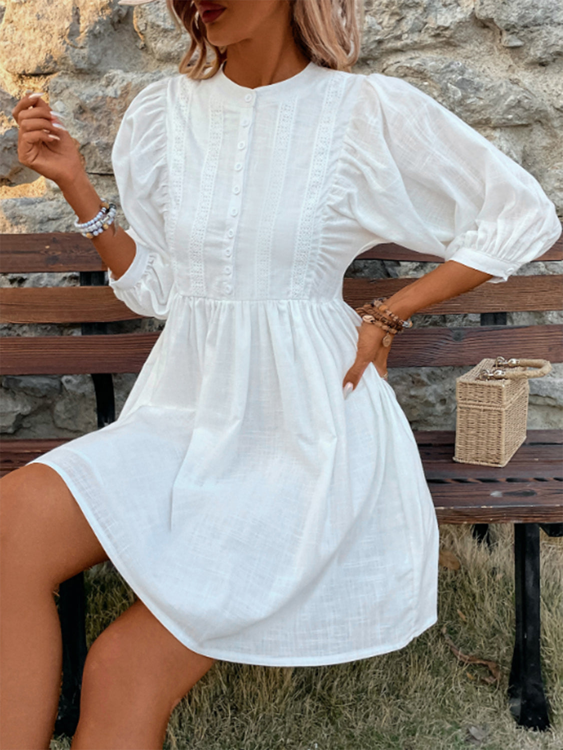 Lace Detail Half Button Three-Quarter Sleeve Dress