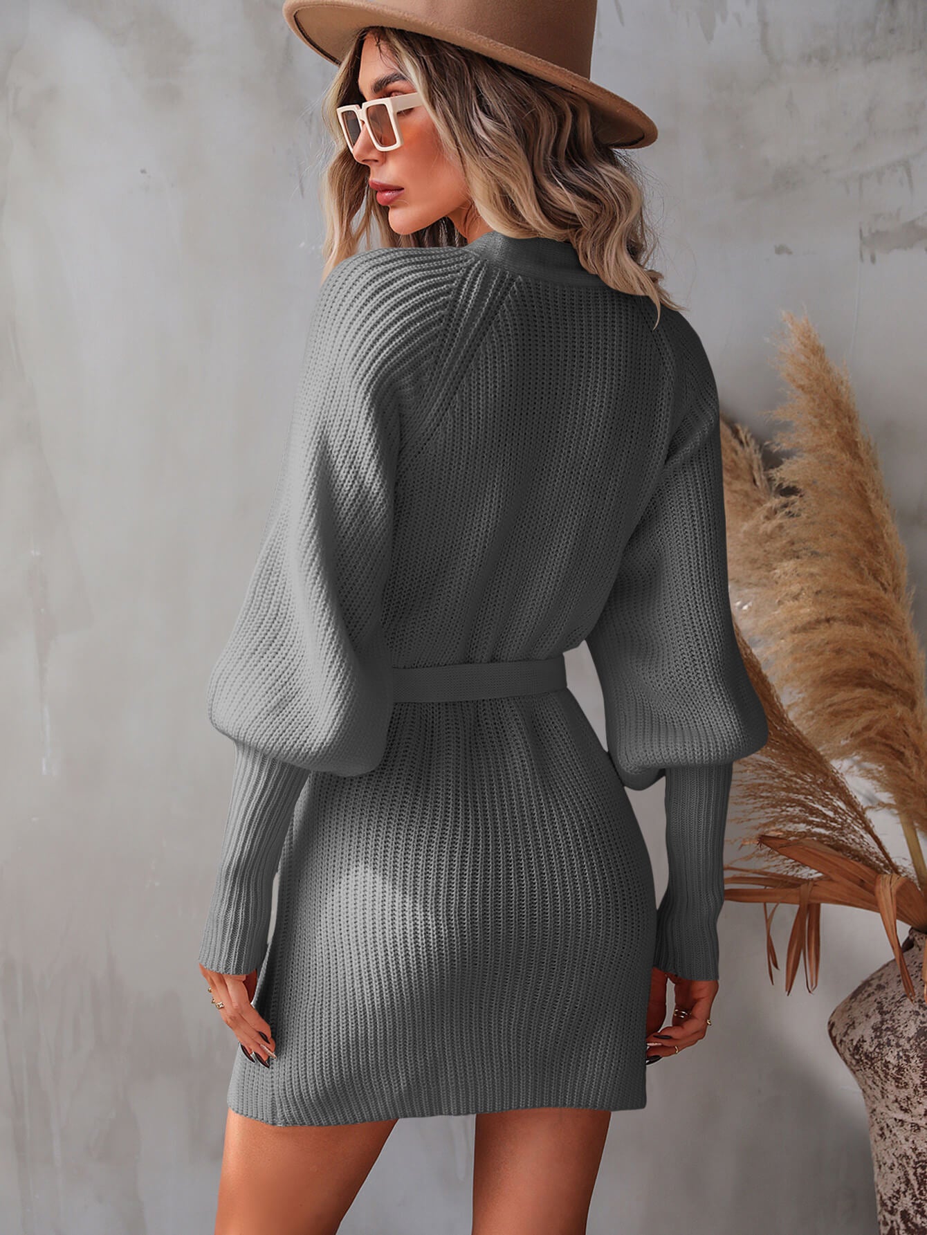 Belted Surplice Lantern Sleeve Wrap Sweater Dress