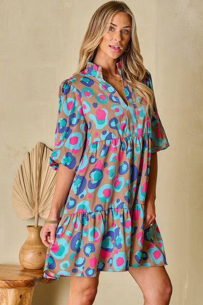 Notched Balloon Sleeve Mini Dress