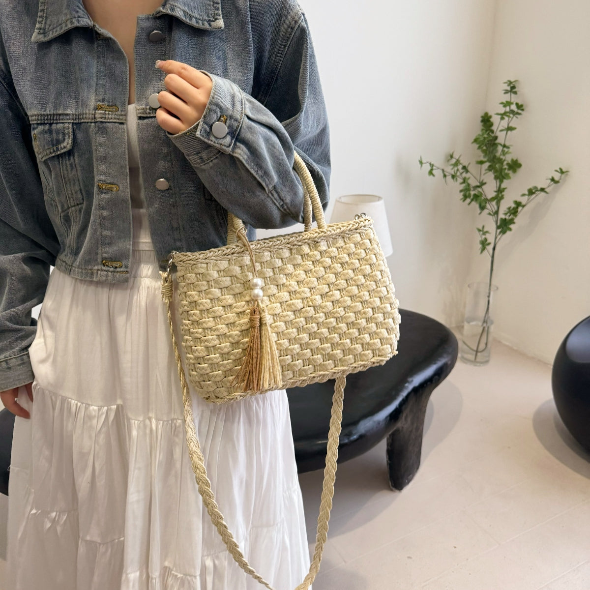 Braided Strap Paper Weave Shoulder Bag