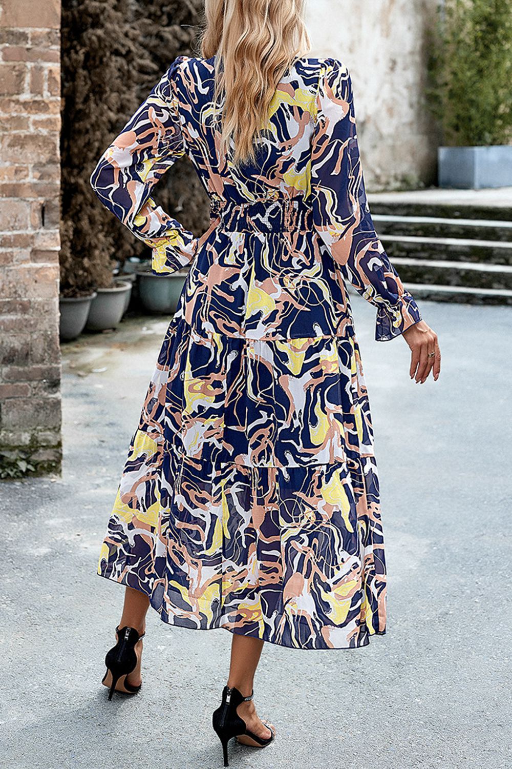 Printed Surplice Neck Flounce Sleeve Midi Dress