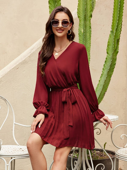 Surplice Flounce Sleeve Pleated Mini Dress