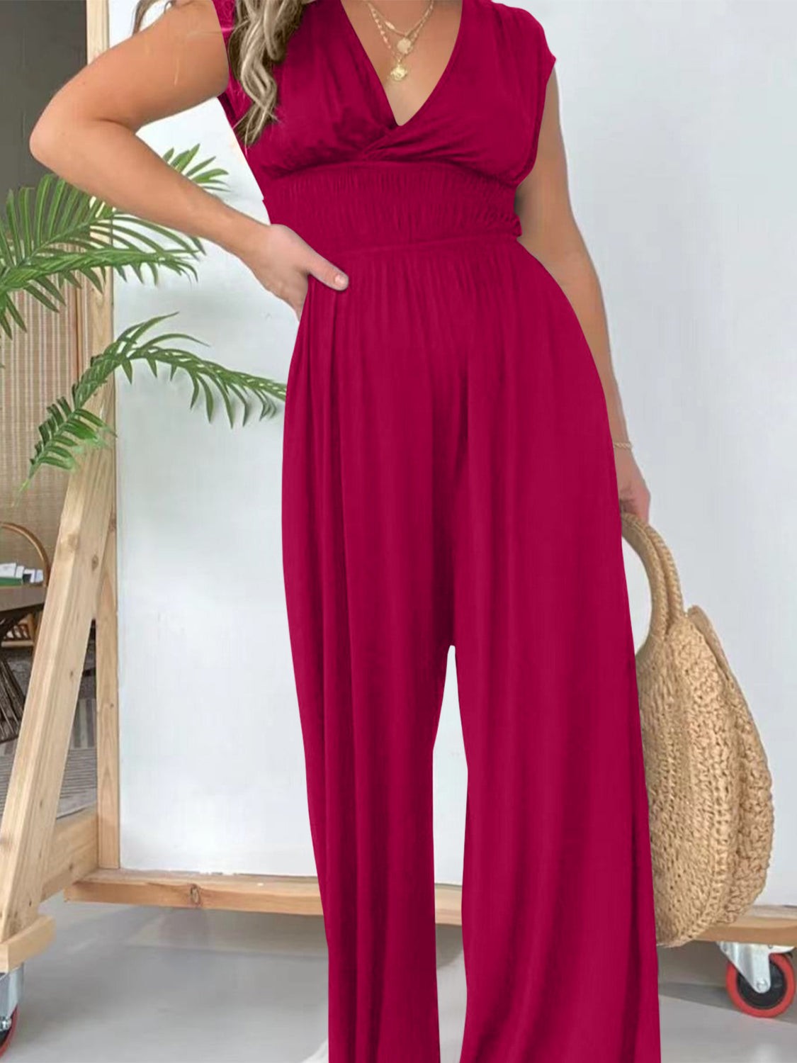 Smocked Cap Sleeve Wide Leg Jumpsuit