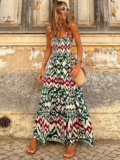 Smocked Printed Square Neck Sleeveless Dress