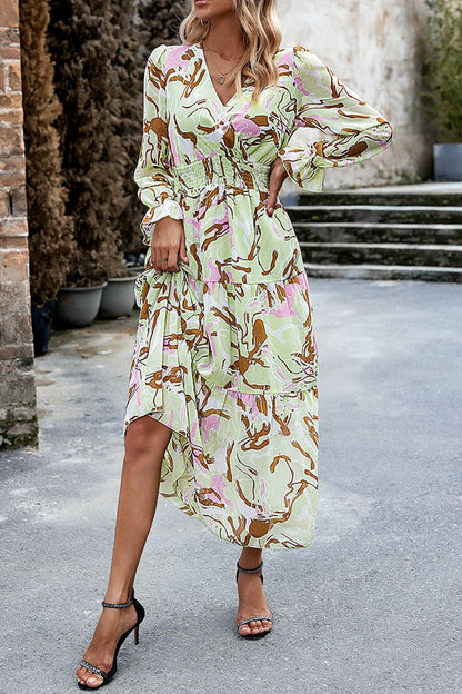 Printed Surplice Neck Flounce Sleeve Midi Dress