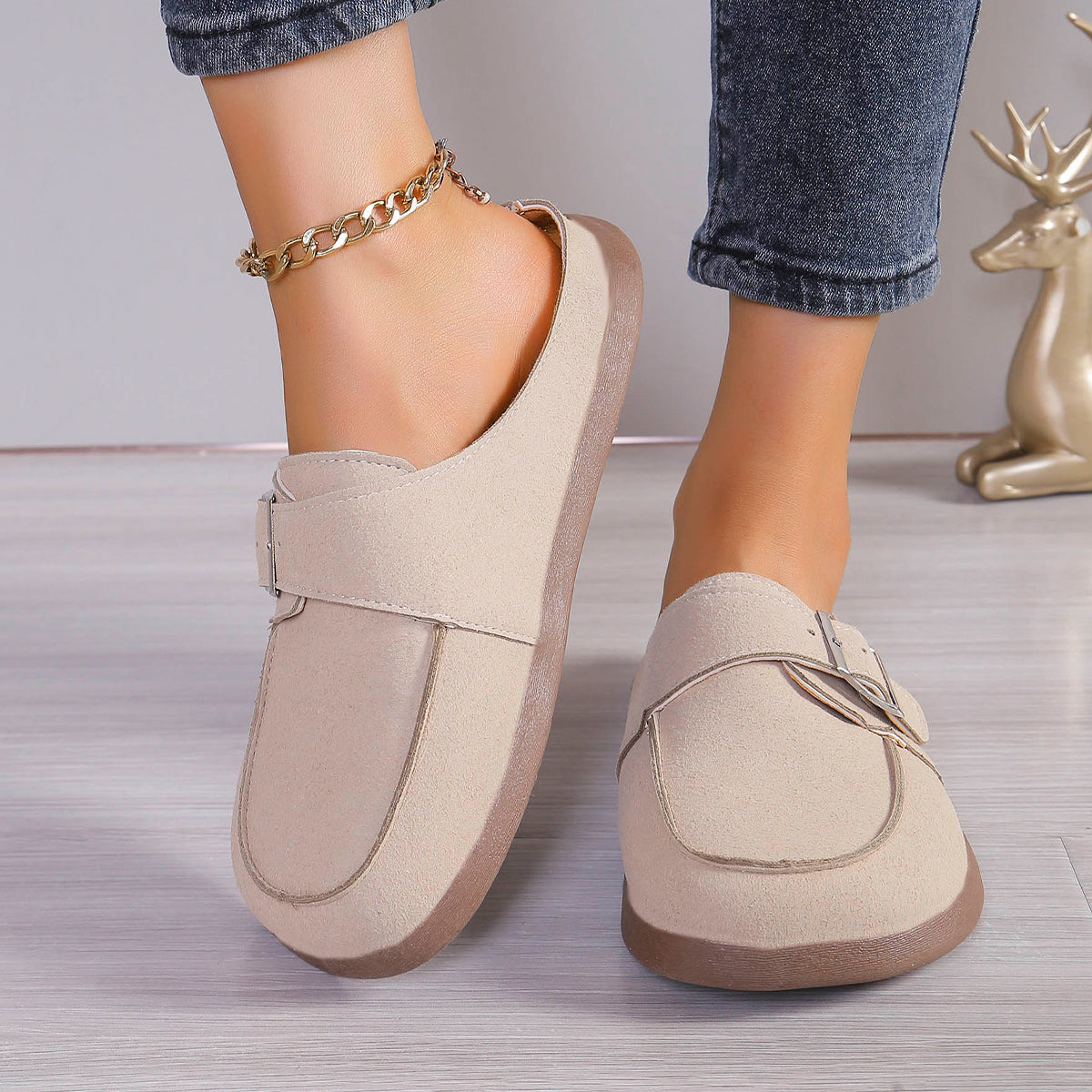 Suede Buckle Round Toe Loafers