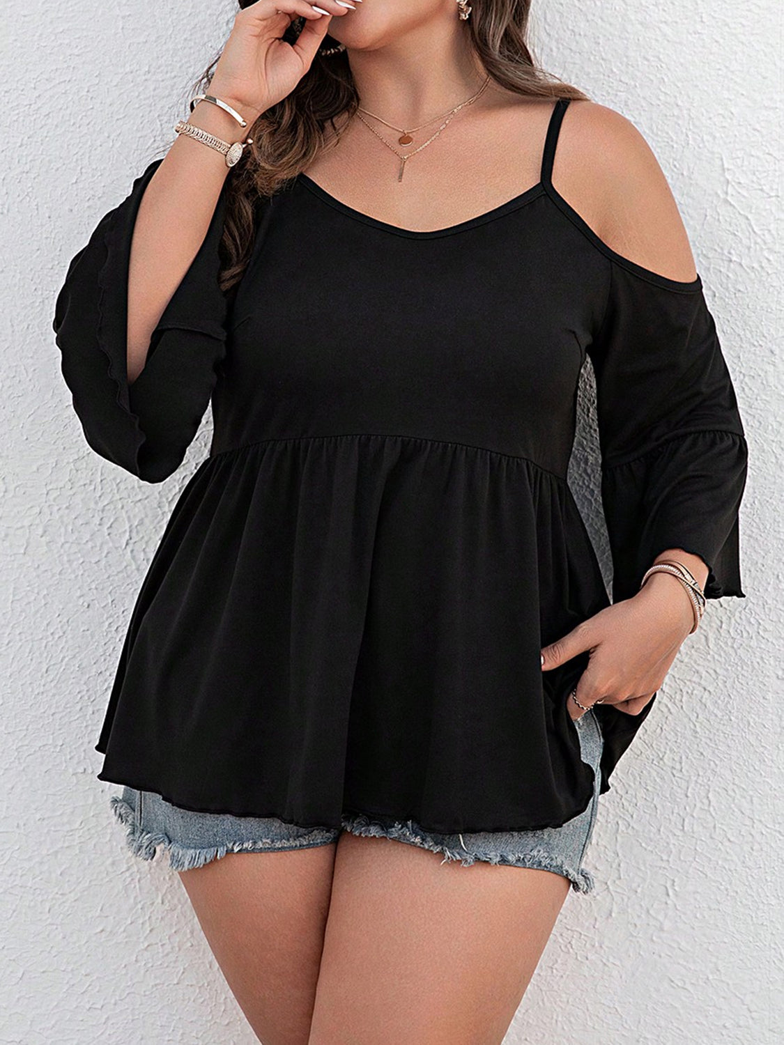 Plus Size Cold Shoulder Flounce Sleeve Blouse