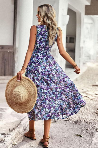 Floral Belted Surplice Sleeveless Tiered Dress